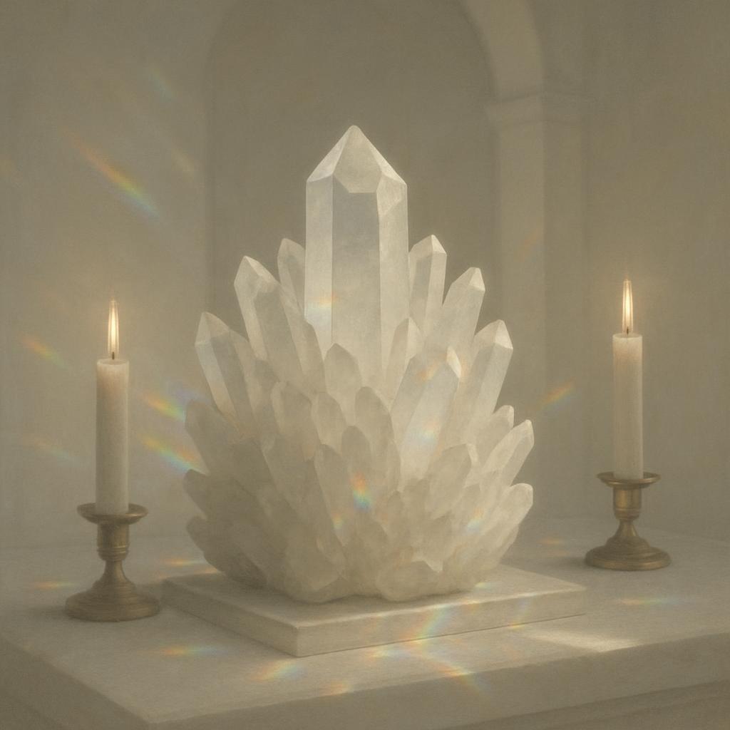 alt text: gelig inbehuilde crystal met rueidelicht